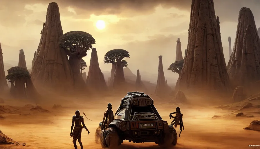 Prompt: star wars vehicle driving through madagascar with baobabs trees, tribe members chasing for an attach, action scene, an epic fantasy, artgerm and greg rutkowski and alphonse mucha, an epic fantasy, volumetric light, detailed, establishing shot, an epic fantasy, cinematic, photorealistic, ultrarealistic, trending on art station, octane render, midsommar