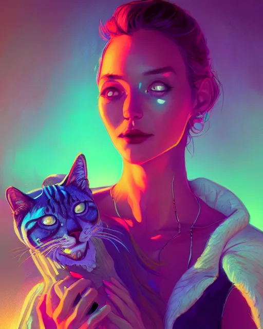 Image similar to lsd, acid trip, a beautiful woman with ( cat ) features, dramatic lighting, by lois van baarle, ross tran, greg rutkowski, ultra detailed colorful repeating fractals in the background by moebius, beeple, artstation