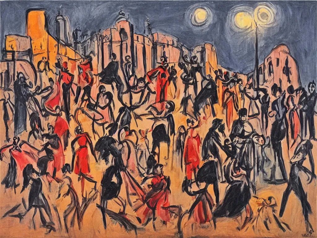 Image similar to woman movement, lisbon city at night, art in the style of paula rego