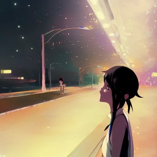 Image similar to a girl smoking, skinny, beautiful face, street at night, long hairfine art painting by makoto shinkai, featured on pixiv, hd