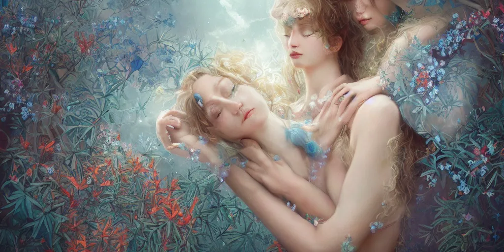 Image similar to breathtaking detailed concept art painting portrait of two hugs goddess of light blue flowers, carroty hair, orthodox saint, with anxious piercing eyes, ornate background, amalgamation of leaves and flowers, by hsiao - ron cheng, extremely moody lighting, 8 k