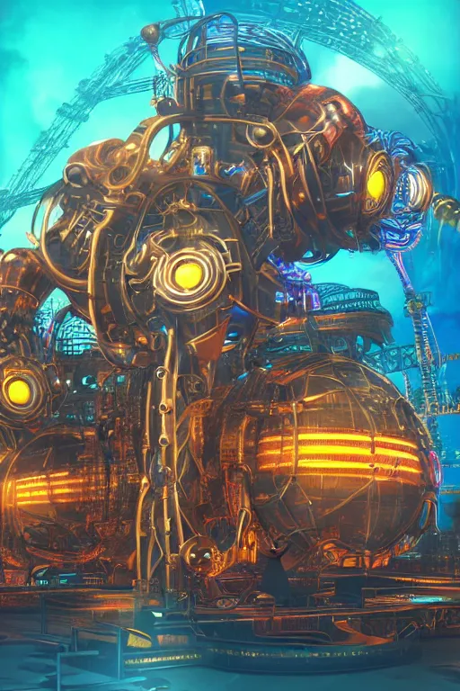 Prompt: a concert poster, tourname is invasion of the tripmachines, realistic digital art, 3 d render of two huge futuristic steampunk generators inside a steampunk machinery, 8 k, fluorescent colors, halluzinogenic, multicolored, exaggerated detailed, unreal engine