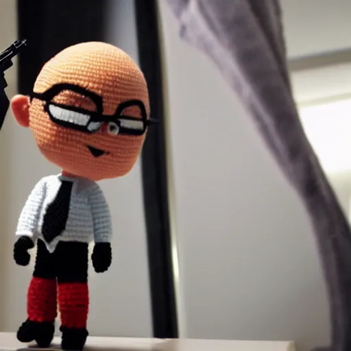 Prompt: agent 47 crochets a gun