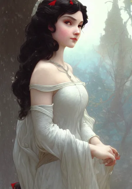 Image similar to little snow white, intricate, elegant, highly detailed, digital painting, artstation, concept art, smooth, sharp focus, illustration, art by artgerm and greg rutkowski and alphonse mucha and william - adolphe bouguereau