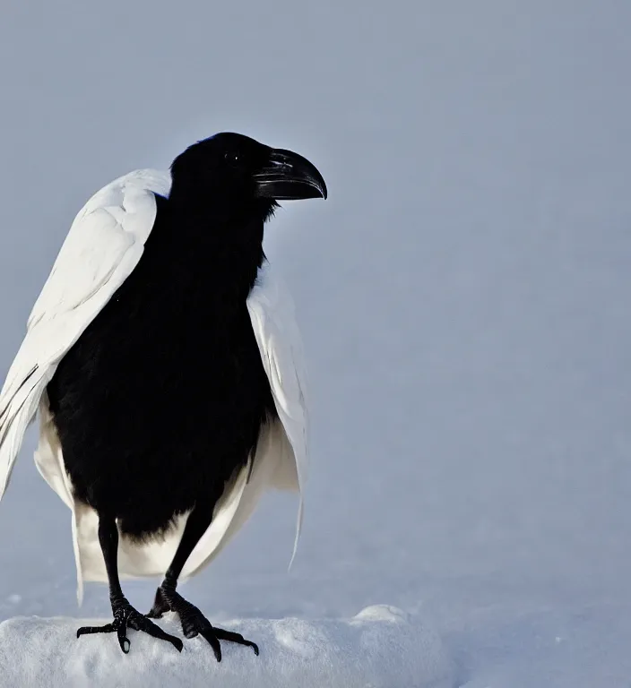 Prompt: raven bird in white coat