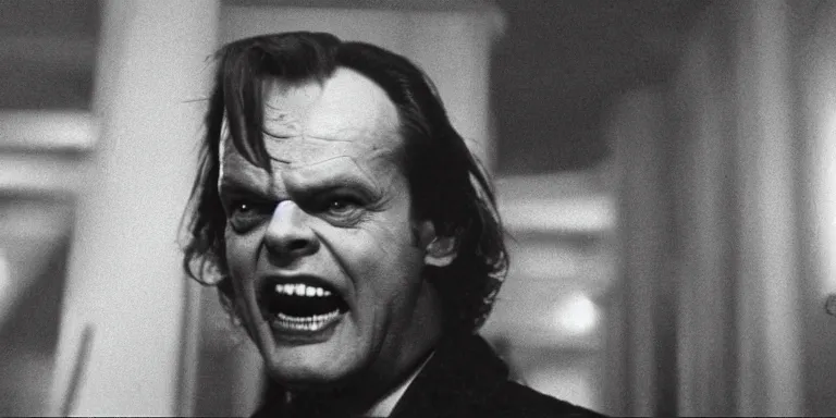 Prompt: photorealistic wide profile master shot cinematography of the character jack torrance played by jack nicholson from stanley kubrick's 1 9 8 0 film the shining sitting at the overlook hotel's gold ballroom bar laughing right at the camera shot on 3 5 mm eastman 5 2 4 7 film by the shining cinematographer john alcott on a 1 8 mm cooke panchro lens.