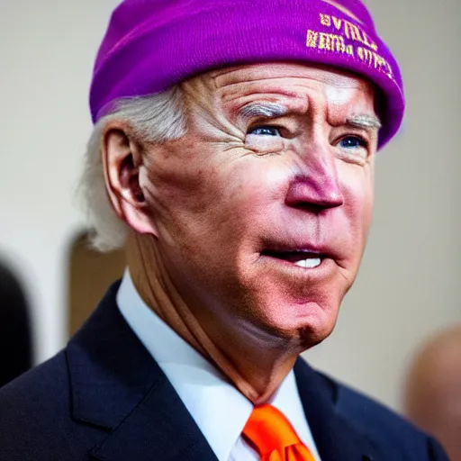 Image similar to joe Biden looking fresh with his newest waves on the hair while wearing orange puff jacket and purple durag, phone photo