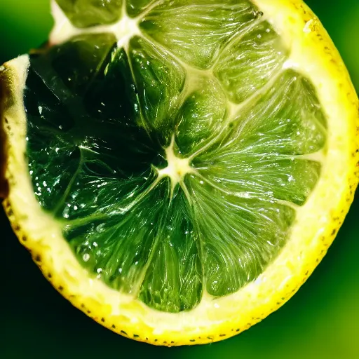 Image similar to close - up shot of a lemon covered in green goo, macro lens, depth of field, bokeh