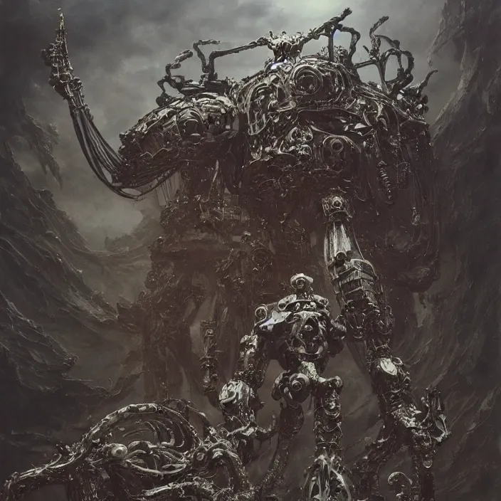 Image similar to still frame from Prometheus by Jakub Rozalski and utagawa kuniyoshi, infinite Hell Scape with gigantic mecha demon and ornate bone cyborgs by Wayne Barlowe by peter Mohrbacher by Giger, dressed by Alexander McQueen and by Neri Oxman, metal couture hate couture editorial