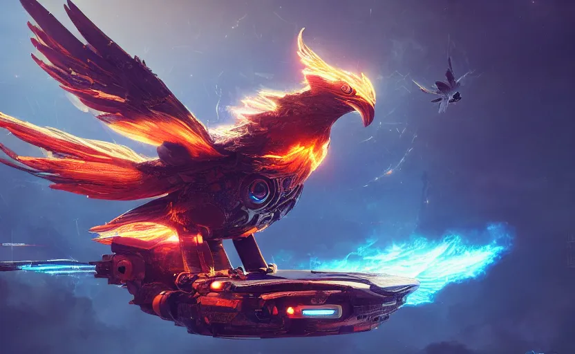 Image similar to a spaceship in the shape of a phoenix bird, robot, fire, ash, electricity lightning, furry, soft, concept art, sharp focus, intricate details, highly detailed, photorealistic, disney pixar, octane render, iridescent, anime, 8 k