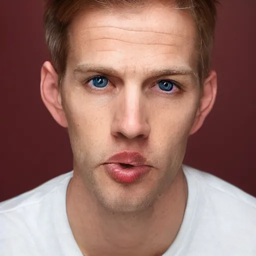 Image similar to full face color photograph of a 35 year old very handsome white man with very short light blond hair and small blue eyes, dressed in a maroon t shirt and black jeans, with very thin lips, with a straight nose and pale skin. He has masculine but gentle features.