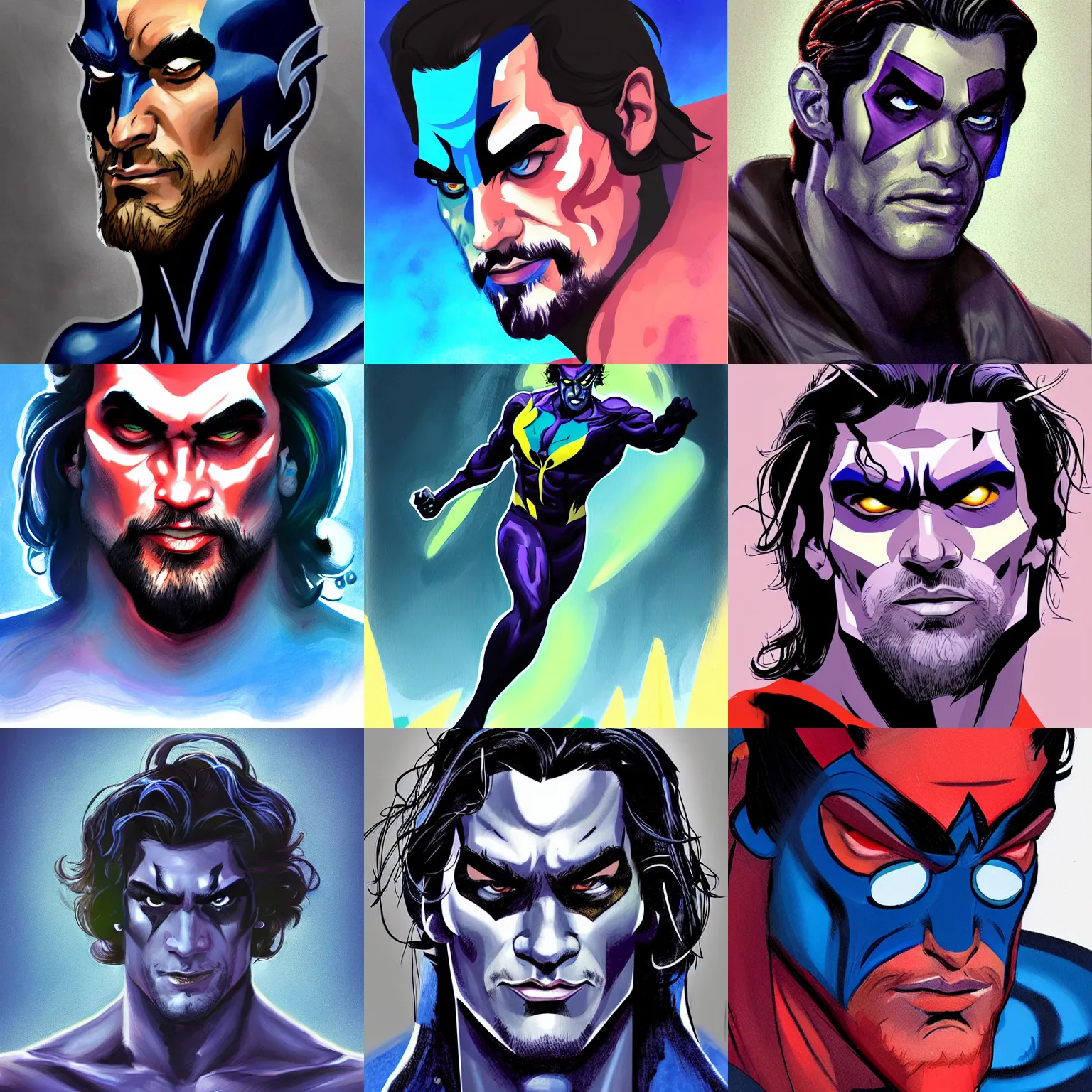 Prompt: character concept portrait, jason momoa as nightcrawler, digital painting, concept art, smooth, sharp focus, illustration, art by jack kirby