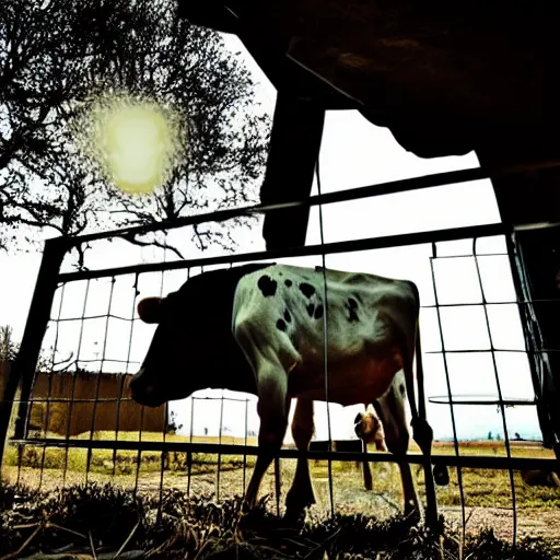 Image similar to cow running from a cage to a light of freedom