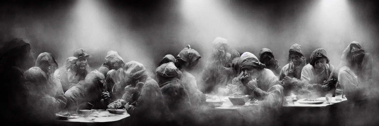 Prompt: Award Winning Editorial wide-angle picture of a Tramps in a new York Soup Kitchen by David Bailey and Lee Jeffries, called 'The Last Supper', 85mm ND 5, perfect lighting, gelatin silver process