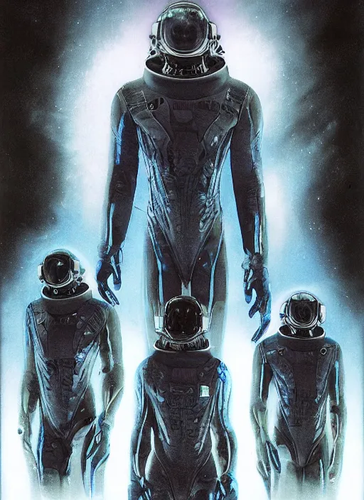 Image similar to astronauts in dark void underwater - complex and hyperdetailed technical suit. reflection and dispersion materials. rays and dispersion of light. volumetric light. f / 3 2. noise film photo. flash photography. ultra realistic, wide angle. poster by wayne barlowe, hajime sorayama aaron horkey, craig mullins