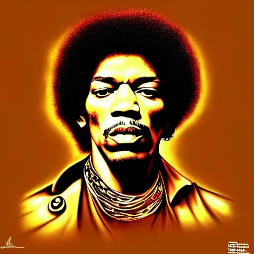 Prompt: : jimi hendrix, intricate, elegant, highly detailed, kehinde wiley art, alex grey art, digital painting, artstation, concept art, smooth, sharp focus, fine art, brightly lit cinematic soft lighting, photorealistic