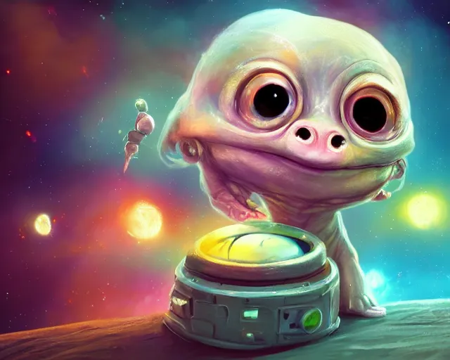 Image similar to 3D Fantasy Cute and adorable small alien piggy in space, huge adorable eyes, bright stars, Smooth 3D Illustration, soft render, Servando Lupini, Daniil Kudriavtsev, handpaint texture, Blender, 3DCoat