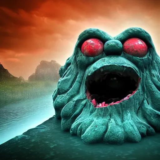 Prompt: the pain is splattered on the sad monster's green face on a rainy day with stormy waves crashing against a cliff, hints of red and yellow, fantasy, unreal engine