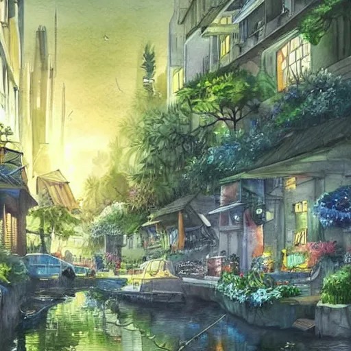 Image similar to Beautiful happy picturesque charming sci-fi town in harmony with nature. Beautiful light. Water and plants. Nice colour scheme, soft warm colour. Beautiful detailed watercolor by Vincent. (2022)