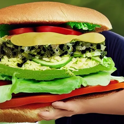 Image similar to promotional shot of the new frog sandwich from subway,