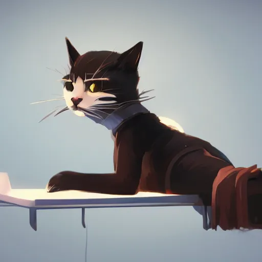 Prompt: a puppet cat is lying on the computer table, characterized by roman shipunov, etienne hebinger, atey ghailan, cgsociety, fantasy art, 2 d game art