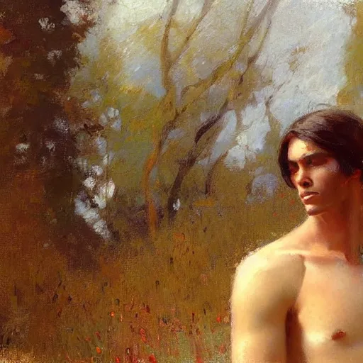 Image similar to a man with a shoulder length haircut, painting by Gaston Bussiere, Craig Mullins