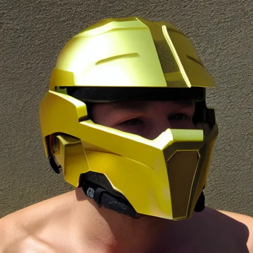 Image similar to Halo spartan helmet, golden visor, reflective