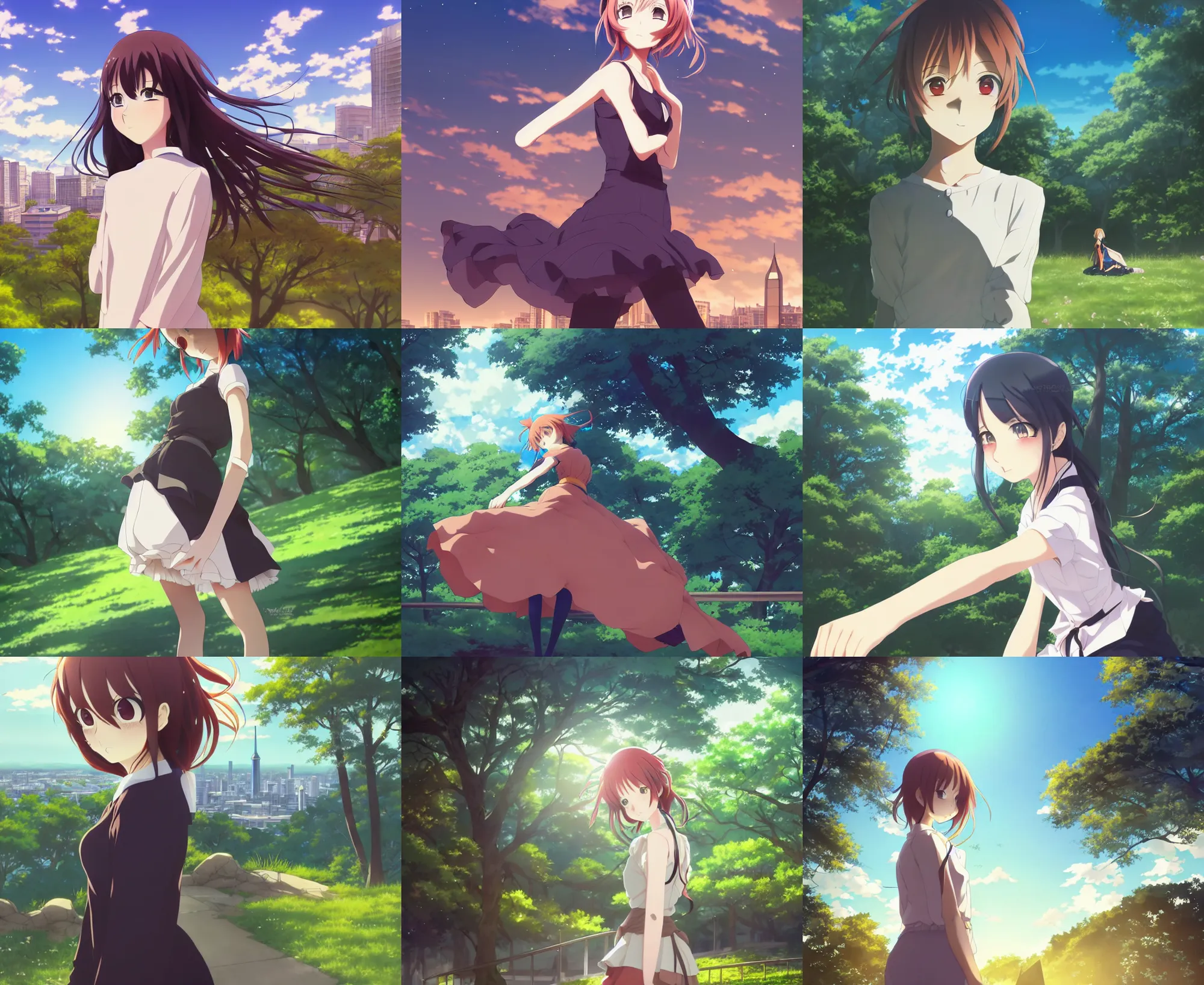 Prompt: anime visual, full body portrait of a young female sightseeing in a park above the city, beautiful face by yoh yoshinari, katsura masakazu, dramatic lighting, dynamic pose, dynamic perspective, strong silhouette, anime cels, ilya kuvshinov, cel shaded, outlined edges!!, rounded eyes, moody, detailed character