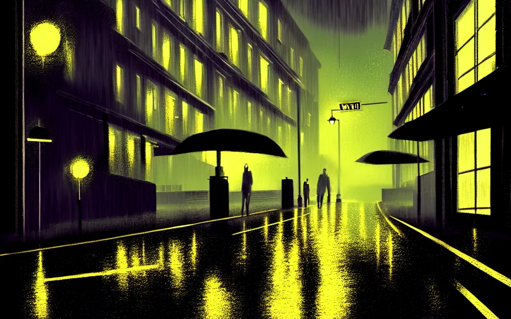 Image similar to concept art, wet helsinki street at night by roger deakins, in the style of syd mead and liam wong
