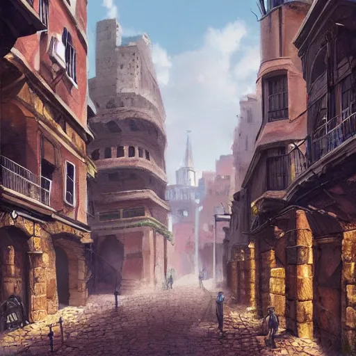 Prompt: walking down busy stone streets in d & d city with mostly small buildings surrounding a distant colosseum, artstation