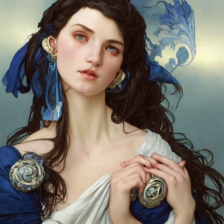 Image similar to Portrait of female cleric with kerchief covering her ears. Blue eyes, black hair, porcelain skin, full lips, high slanted cheekbones. Magical glow. Fantasy art by artgerm and greg rutkowski and alphonse mucha, intricate, elegant, highly detailed, dramatic lighting, digital painting, concept art, illustration, award winning on artstation, D&D, AD&D.