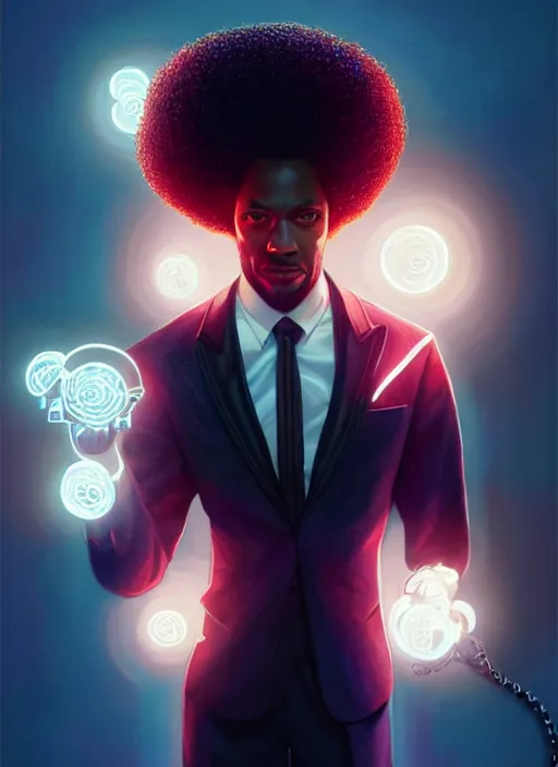 Prompt: portrait of handsome black man in tailored suit with telekinetic powers, afro - futurist style, intricate three dimensional displays, elegant, glowing lights, highly detailed, digital painting, artstation, concept art, smooth, sharp focus, illustration, art by wlop, mars ravelo and greg rutkowski