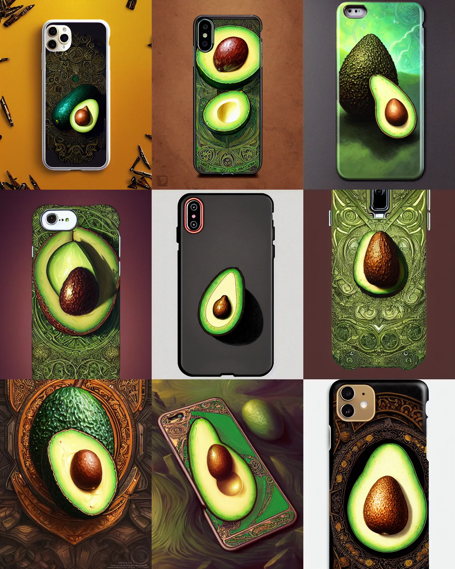 Prompt: photograph of an avocado themed smartphone case, deep focus, d & d, fantasy, intricate, elegant, highly detailed, digital painting, artstation, concept art, matte, sharp focus, illustration, hearthstone, art by artgerm and greg rutkowski and alphonse mucha