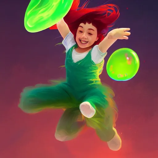 Image similar to madeline from celeste jumping to a green jelly bubble, ( ( ( blue bubble jacket ) ) ) ( ( ( red long hair ) ) ), highly detailed, digital painting, artstation, concept art, sharp focus, illustration, art by greg rutkowski and alphonse mucha