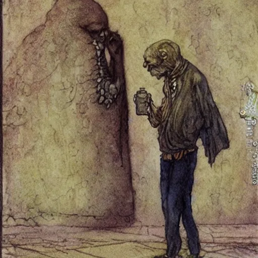 Image similar to dilapidated man begging with ragged mutt on streetcorner. illustration by Brian Froud and John Bauer