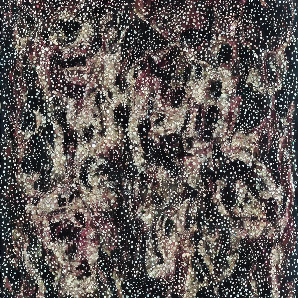 Image similar to camo made of teeth, smiling, abstract, francis bacon artwork, cryptic, dots, spots, stipple, lines, splotch, color tearing, pitch bending, faceless people, dark, ominious, eerie, hearts, minimal, points, technical, old painting