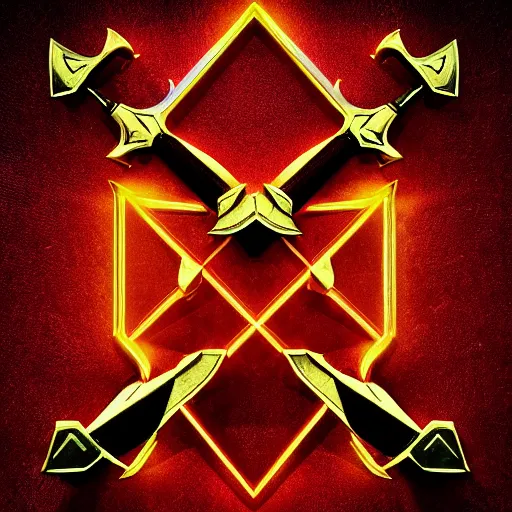 Image similar to symmetrical game - icon of giant medieval swords crossed, red powerful fantasy epic legends, game icon stylized, digital illustration radiating, a glowing aura, global illumination, ray tracing, 8 k high definition, intricate details, octane render, unreal engine, trending on arstation