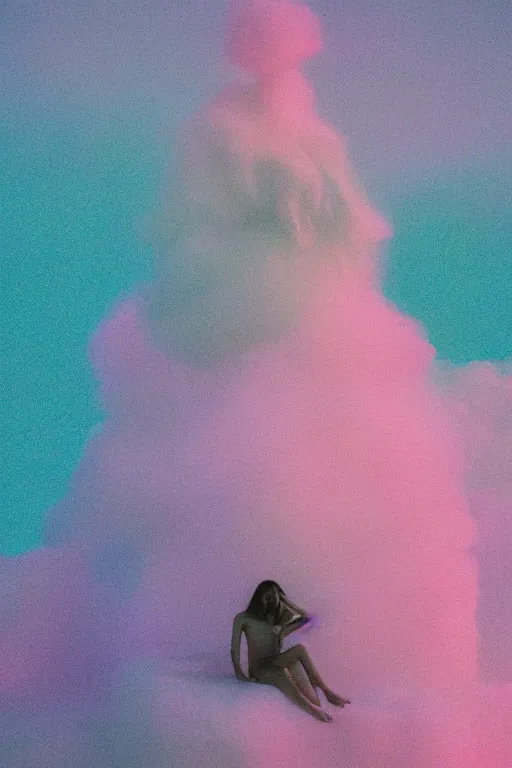 Image similar to high quality pastel coloured film close up wide angle photograph of a model wearing clothing swimming on cloud furniture in a icelandic black rock!! environment in a partially haze filled dreamstate world. three point light, rainbow. photographic production. art directed. pastel colours. volumetric clouds. pastel gradient overlay. waves glitch artefacts. extreme facial clarity. 8 k. filmic.