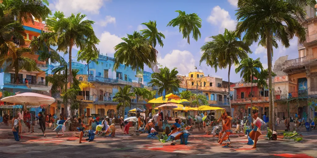 Image similar to cuba city square, cuban jazz, colorful, contrast, depth of field, 3 d scene, render, greg rutkowski, zabrocki, karlkka, jayison devadas, trending on artstation, 8 k, ultra wide angle, zenith view, pincushion lens effect