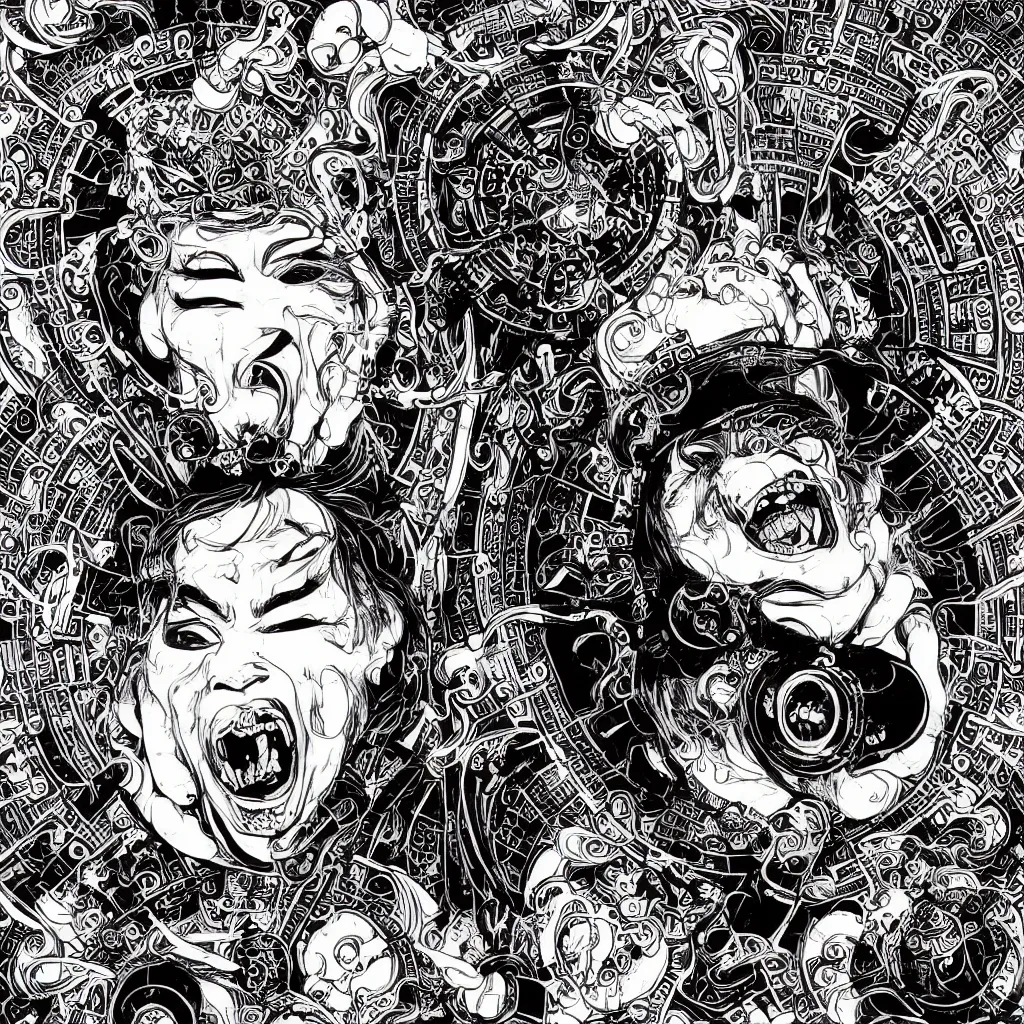 Prompt: face portrait of crazy peking opera character screaming with round steampunk sunglasses, close - up, symmetrical, thick bold black lines, by alphonse mucha and dan mumford, ayami kojima, vector art, simple clean lines, comics illustration, isolated character on plain white background
