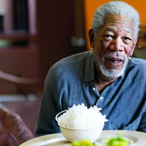 Image similar to Morgan Freeman eating a bowl of rice