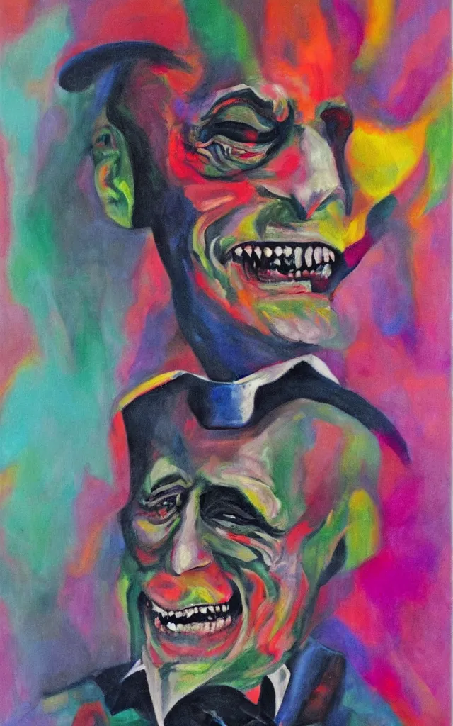 Image similar to portrait of conrad veidt the man who laughs wide grin, award winning oil surrealist painting, sharp color palette