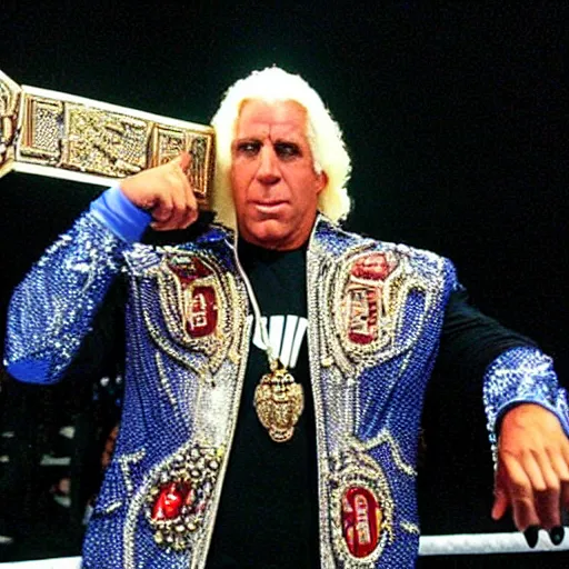 Prompt: ric flair holding up title belt, hdrp