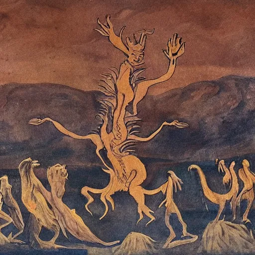 Prompt: A beautiful land art of a large, dragon-like creature with sharp teeth, talons, and a long tail. The creature is looming over a small group of people who appear to be in distress. burnt umber, in the desert by Wes Anderson, by Affandi rich details, loose