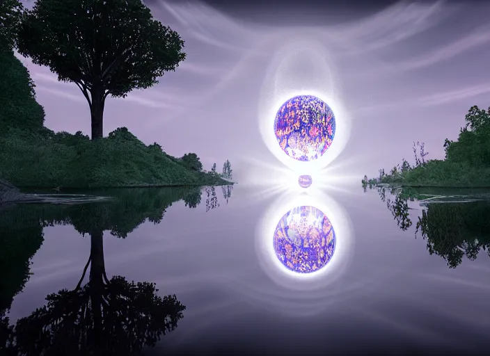 Prompt: glowing transparent crystal ball on a beautiful lake, radiant light, tree of life inside the ball, intricate details, reflections on the water, ripples, moody sky, hyperdetailed illustration by mark brooks, by yuumei, unreal engine 5, low light, rule of thirds