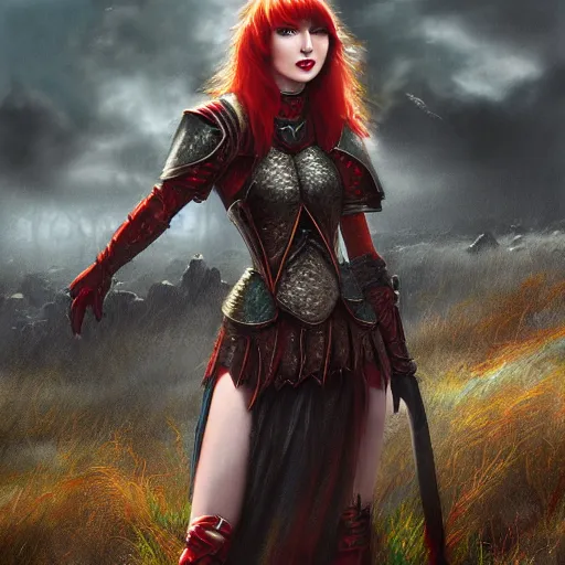 Image similar to the picture of taylor swift with red hair in a knight armor, epic fantasy art, mystical, mystic atmosphere, mythology, photo realistic, high detail, ultra realistic, hyper realistic, high definiton, 4 k uhd,