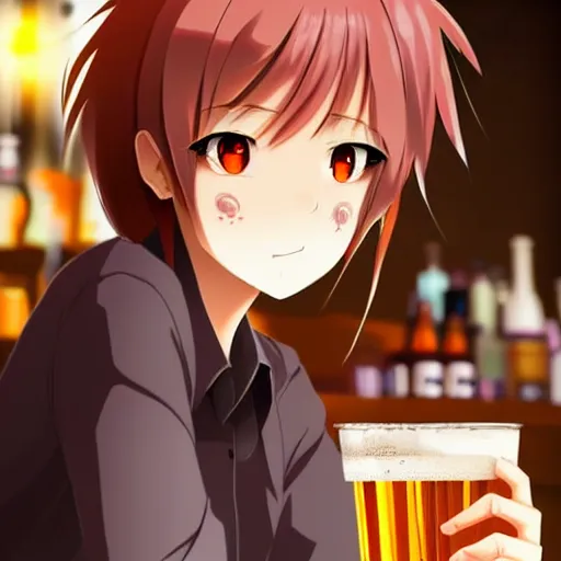 Prompt: Wholesome and masculine looking anime girl at a bar drinking a beer, warm glow from the lights, angle that looks up at her from below, deviantart, pixiv, detailed face, smug appearance, beautiful anime, obviously drunk with reddish cheeks, detailed anime eyes with pupils, in the style of 90s anime