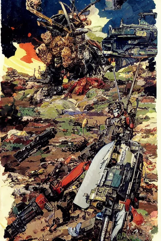 Prompt: full page illustration, a proud hunter wearing a pith hat sitting in front of the big gundam destroyed, by jean giraud, Katsuhiro Otomo, Geof Darrow, Phil hale, Ashley wood, Ilya repin, frank frazetta8k, hd, high resolution