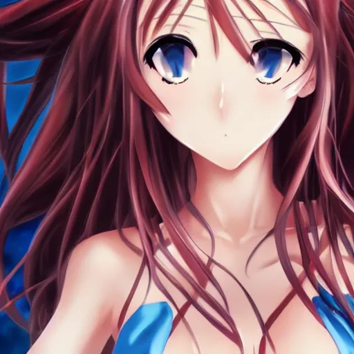 Prompt: a very beautiful young yuuki asuna,, full body, long wavy hair, sky blue eyes, full round face, bikini, miniskirt,, cinematic wallpaper by yusuke murata