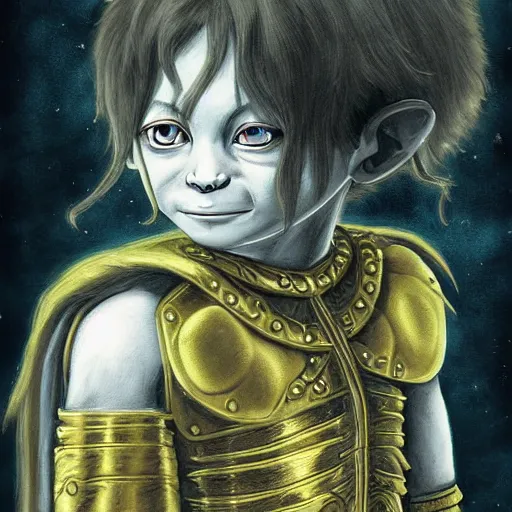 Prompt: portrait of ethereal young goblin princess in golden armour by Kentaro Miura